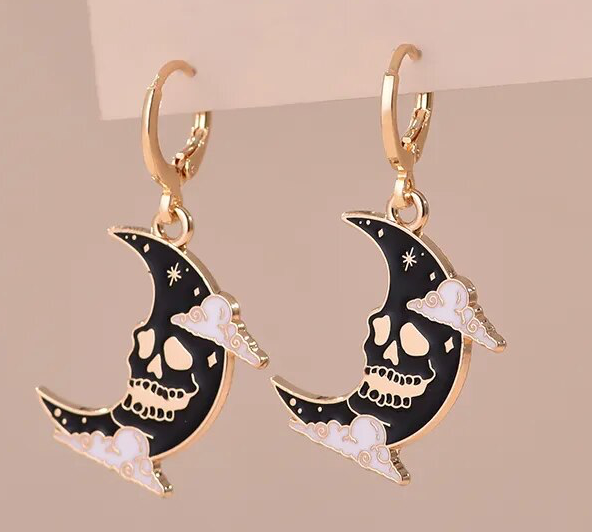 Crescent Moon Skull Earrings